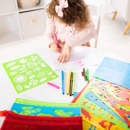 Melissa & Doug Created by Me! Stencil Art Coloring Activity Kit in Storage Pouch -- 170+ Designs, 6 Markers, 2 Crayons, Paper