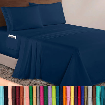 Elegant Comfort Luxurious 1500 Premium Hotel Quality Microfiber 4-Piece Sheet Set, 18-24 Inches Deep - Extra Deep Pocket Sheets - Ultra Soft 4PC Deep Pocket Sheets, King, Navy Blue