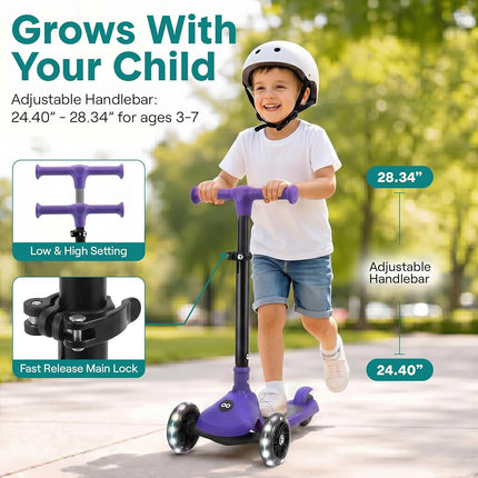 SereneLife Kids Scooter for Ages 3–7 – 3 Wheel Kick Scooter with Seat Option, Light-Up LED Wheels, Lean-to-Steer, Foldable, Adjustable Height, 50 kg Capacity
