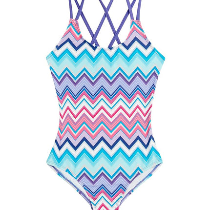 Kanu Surf Girls' Reese UPF 50 Beach Sport Criss-Cross One Piece Swimsuit, Nina Purple Multi, 14