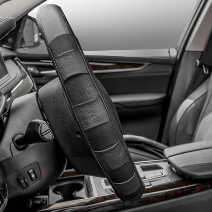 FH Group Universal Fit Genuine Leather Sport Steering Wheel Cover Fits Most Cars, SUVs Black