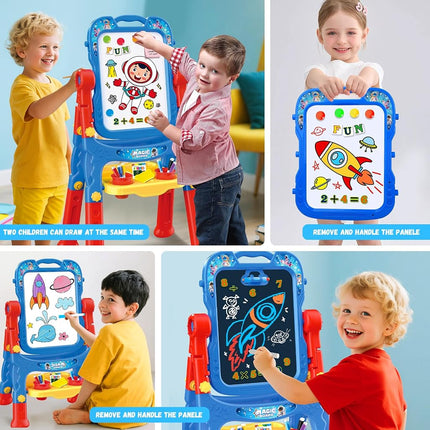 Art Easel for Kids - Adjustable Double-Sided Rotatable Magnetic White Board with Painting Accessories, Preschool Learning Toy for Boys 3-5 Years Old (Blue)