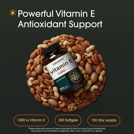 NatureBell Vitamin E Oil Softgels, 1,000 IU Per Serving, 300 Pills | Essential Antioxidant Supplements, Easily Absorbed Form – Supports Skin, Heart, & Immune Health – Non-GMO