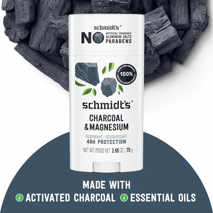 Schmidt's Aluminum Free Natural Deodorant for Women and Men, Charcoal & Magnesium with 24 Hour Odor Protection, Certified Natural, Vegan, Fresh, 2.65 Oz, Pack of 2