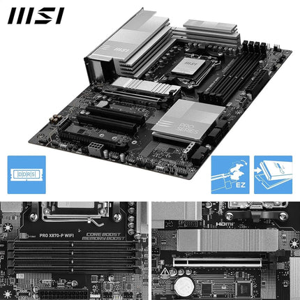 Placa base MSI PRO X870-P WIFI, ATX - Compatible con procesadores AMD Ryzen 9000/8000 / 7000, VRM AM5-60A SPS, DDR5 Memory Boost 8200+MT/s (OC), PCIe 5.0 x16 y 4.0 x16, M.2 Gen5, Wi-Fi 7, LAN de 5G