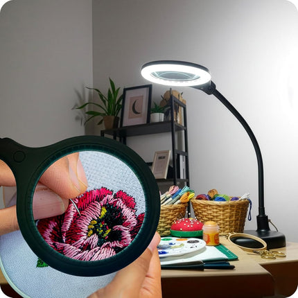 Brightech LightView Pro Flex 2 en 1: Lupa de 2.25 aumentos con luz LED brillante - Lámpara con lupa con base de soporte y abrazadera - Para lectura, pintura, costura y manualidades de aguja, puzles y aficionados a los hobbies