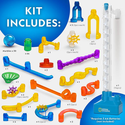 National Geographic Marble Run with Motorized Elevator - 150-Piece Marble Maze Kit with Motorized Spiral Lift, 30 Marbles, Storage Bag & More, Perpetual Motion Machine, Marble Game