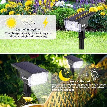 Focos solares LEREKAM, impermeables IP65, 40 LED, focos de paisaje, luces de pared con energía solar y USB, encendido/apagado automático con detección de oscuridad, 3 modos de luces solares exteriores para jardín, patio, porche, paquete de 2
