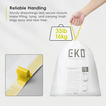EKO Easy-Dispense Roll 100 Count Extra-Strong Drawstring Kitchen Trash Bags – 8 Gallon Garbage Bags (30.3L) 100 pack, Code F-1