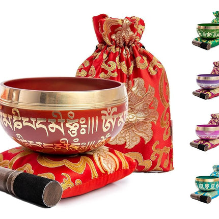 Tibetan Singing Bowl Set - Easy To Play for Beginners - Authentic Handcrafted Mindfulness Meditation Holistic Sound 7 Chakra Healing Gift by Himalayan Bazaar (Crimson)