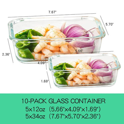 C CREST [10-Pack] Glass Food Storage Containers (A Set of Five Colors), Meal Prep Containers with Lids for Kitchen, Home Use - Airtight Glass Lunch Boxes