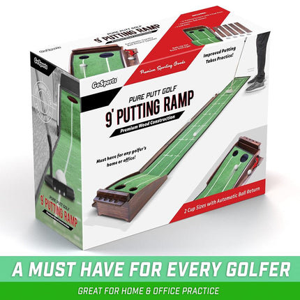 GoSports Pure Putt Golf 9 ft Putting Green Ramp - Premium Wood Training Aid for Home & Office Putting Practice, Includes 9 ft Putting Green and 4 Golf Balls