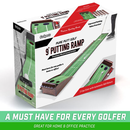 GoSports Pure Putt Golf Pista de putting de 9 pies - Ayuda de entrenamiento de madera de primera calidad para práctica de putting en casa y oficina, incluye pista de putting de 9 pies y 4 pelotas de golf