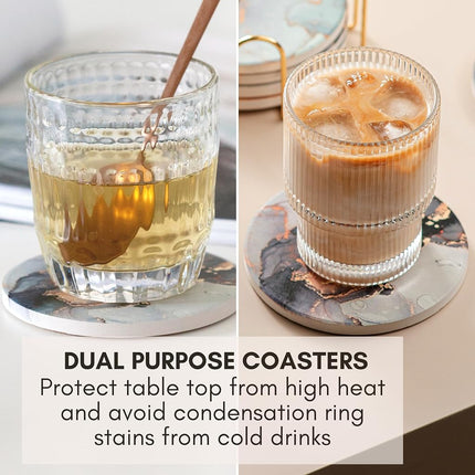 Ceramic Absorbent Coasters Set of 6 with Holder, Marble Drink Coasters for Coffee Table, Water Absorbing Coaster (Black)