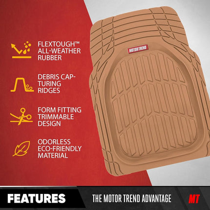 Motor Trend FlexTough Contour Liners Deep Dish 3 pc Rubber Floor Mats & Trimmable Trunk Liner Cargo Mat - Heavy Duty All Weather Protection Car Mats with Traction Grips Car Accessories (Beige)
