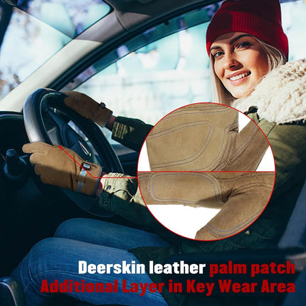 HANDLANDY Winter Work Gloves for Men Women, Water Repellent Cold Weather Insulated Genuine Leather Work Gloves (L, Coffee)