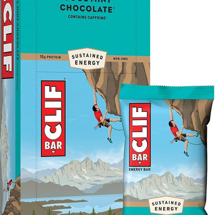 CLIF BAR - Barre énergétique - Menthe poivrée chocolat - Avec caféine (Barre protéinée de 68 g, paquet de 12)