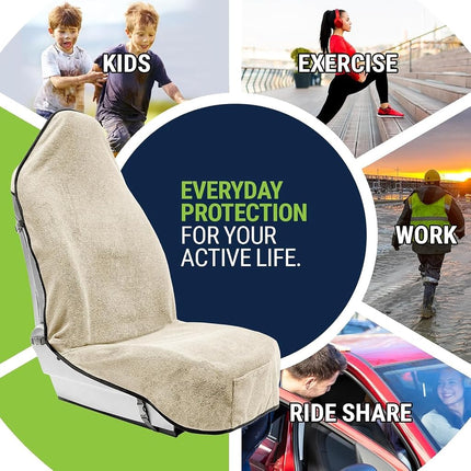 Season Guard Waterproof Towel Seat Cover with Non Slip Grip - Washable Carseat Protector Great for Gym Workout - Universal Terry Cloth Seat Cushion with Pocket Fit for Car SUV Van Truck 1pcs Beige