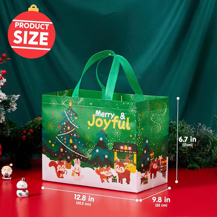 JOYIN 12 PCS Christmas Large Reusable Gift Bags 12.8"x9.8"x6.7, Xmas Large Non-Woven Grocery Bag with Handles for Wrapping Party Supplies, Holiday Party Favor