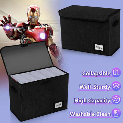 YNSZAS 2 Pack Comic Book Storage Box, Protector Organizer, 15.8" X 7.8" X 11.8", Collapsible Short Box, Holds 160-180 Books, Heavy Duty Container Holder Shelf Bin (Black)