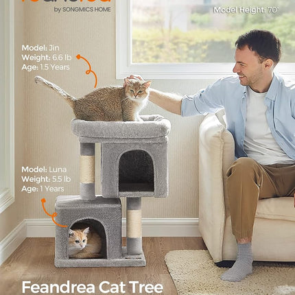 Feandrea Cat Tree Tower, 67 cm, S, Condo for Kittens up to 7 lb, Large Perch, 2 Caves, Scratching Post, Light Gray UPCT611W01