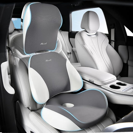 FLORICH Car Seat Cushion & Lumbar Support Pillow & Car Neck Pillow Ergonomic and 100% Memory Foam, Upgraded Larger and Breathable Car Seat Cushion & Back Support Pillow - Gray
