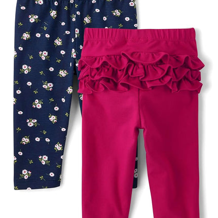 The Children's Place Baby Girls' and Newborn Knit Pull on Pants, Daisy/Pink Ruffle 2-Pack, 18-24 Months