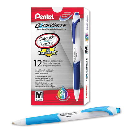 Pentel GlideWrite Ballpoint Pen with TechniFlo Ink, (1.0mm) Medium Line, Sky Blue, Box of 12 (BX910-S)