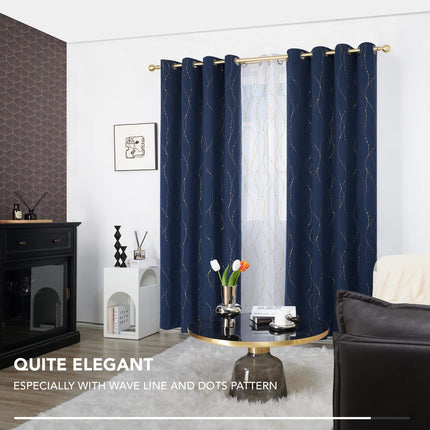 Deconovo Cortinas Opacas con Estampado de Lámina Dorada con Ondas y Puntos, con Ojales, para Dormitorio, Azul Marino, 52 x 108 Pulgadas, Juego de 2