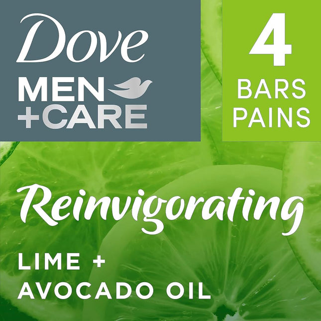 Dove Men + Care Natural Essential Oil Bar Soap to Clean and Hydrate Men's Skin Reinvigorating Lime + Avocado Oil 4-in-1 Bar Soap for Men's Body, Hair, Face and Shave 141 g 4 count