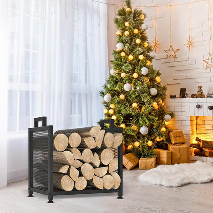 VyGrow Firewood Rack for Indoor, Heavy Duty Fire Wood Racks Holder, 17.32" Metal Wood Storage Log Holder with Leather Carrier, Small Firewood Stand for Fireplace Patio Deck, Black