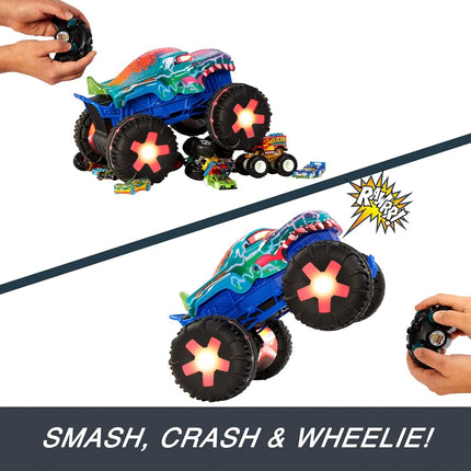 Hot Wheels Toy Truck Monster Trucks RC Oversized Remote Control Mega-Wrex Alive in 1:15 Scale, 3 Game Modes with Interactive Lights & Sounds