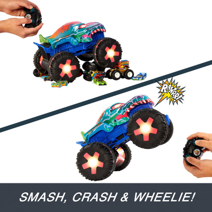 Hot Wheels Toy Truck Monster Trucks RC Oversized Remote Control Mega-Wrex Alive in 1:15 Scale, 3 Game Modes with Interactive Lights & Sounds