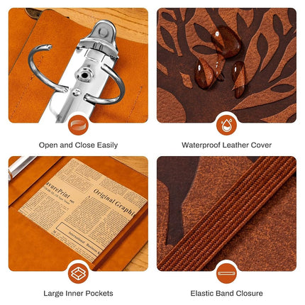 Ovesmusl Leather 3 Ring Binder Fits 8.5"x11" Letter Size Paper, 2 Inch Round Ring Binder Holds 500 Sheets, Notepad Paper Cover Loose Leaf Organizer, Brown Tree