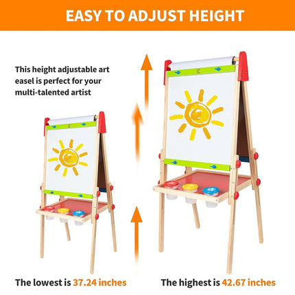Hape All-in-1 Easel | Award-Winning Double-Sided Kids Standing Easel Adjustable Height Stand with Paper Roll, Chalkboard, Whiteboard, Magnets and 3 Paint Pots