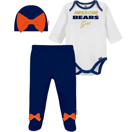 NFL Chicago Bears 3 Pack Bodysuit Footed Pant and Cap Registry Gift Set, Blue/White Chicago Bears, 6-9M
