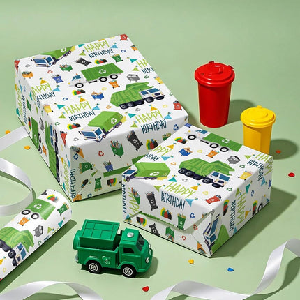 WRAPAHOLIC 30 Inch Garbage Truck Wrapping Paper - 30 Inch x 33 Feet - Garbage Truck Happy Birthday Wrapping Paper for Kids Boys, Baby Shower, Car Lover