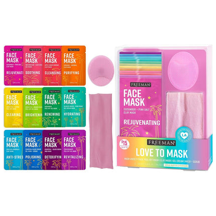 Freeman Facial Love To Mask Lot découverte : Masque à l'argile absorbant l'huile, Charbon détoxifiant, Masque Peel Off purifiant, Masque-crème gel hydratant, Gommage exfoliant (Kit de 14 pièces avec accessoire tampon et bandeau bonus)