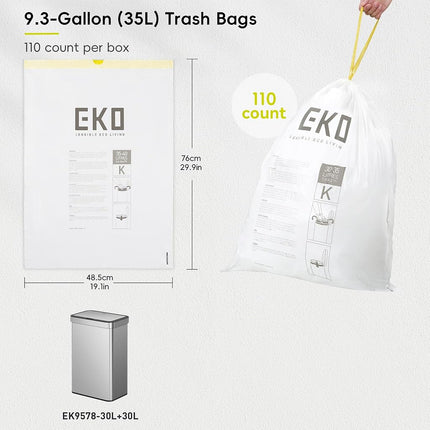 EKO 9.3 Gallon / 30–35 Liter Drawstring Trash Bags, 110 Count Heavy-Duty Tall Kitchen Garbage Can Liners, Extra-Strong Leak-Resistant, Unscented, White, Code K