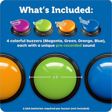 Learning Resources Answer Buzzers – Set of 4, Ages 3+, Game Show Style Buzzers with Fun Sound Effects, Pre-Recorded Sounds for Classroom & Family Games