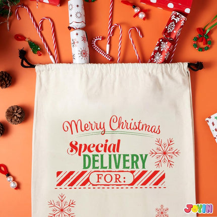 JOYIN 3 PCS Christmas Large Canvas Gift Bag 26" x 19", Drawstring Santa Burlap Sack Reusable Personalized Cloth Pouch for Xmas Presents Package, Party Supplies, Hoilday Decoration, Green&White&Red