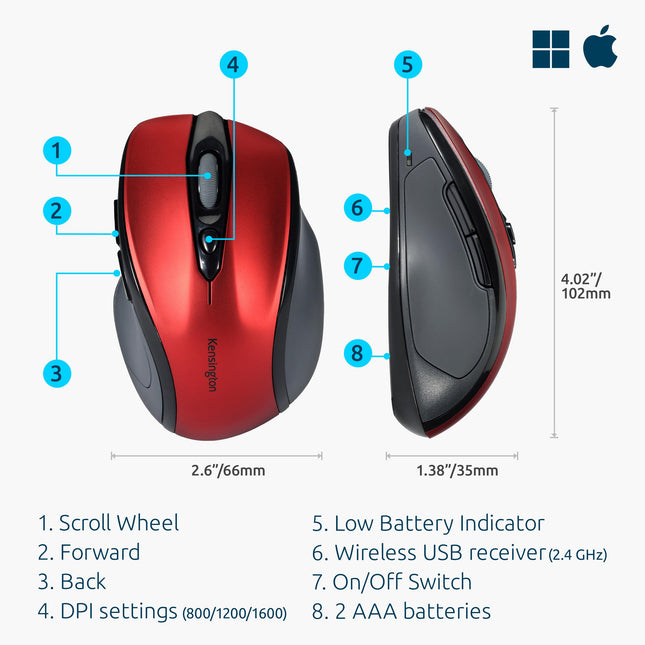 Kensington Pro Fit Wireless Mid-Size Mouse - Red