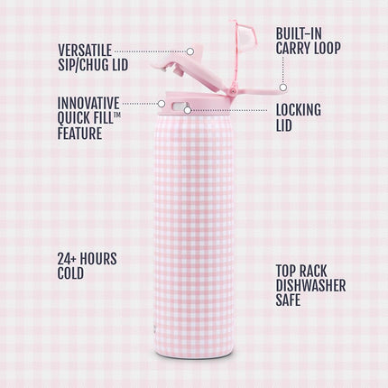 Ello Pop & Fill 32oz Stainless Steel Water Bottle with QuickFill Technology, Double Walled and Vacuum Insulated Metal, Leak Proof Locking Lid, Straw and Chug, Reusable, BPA Free, Pink Gingham