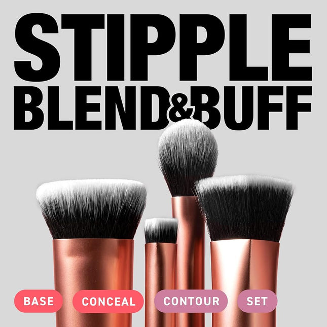 Real Techniques Face Base Makeup Brush Kit, For Concealer, Foundation, & Contour, Works With Liquid, Cream & Powder Products, Staples For Blending & Buffing, 4 Piece Set
