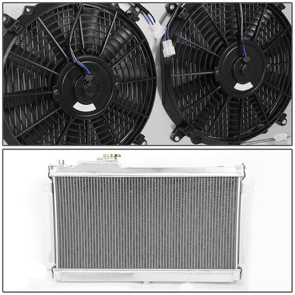 DNA Motoring RA+FS-MM90-2 Dual Core 2-Row Aluminum Radiator w/ 2x Fan Shroud Compatible with 90-98 Mazda Miata MX-5, Metallic