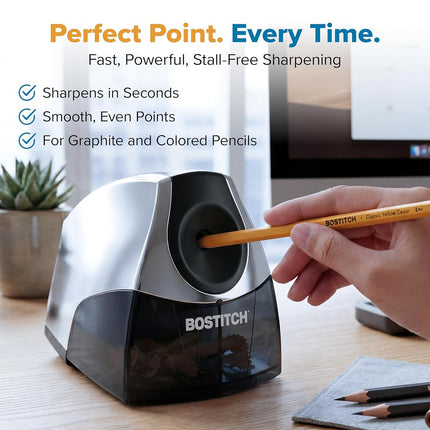 Bostitch Office Personal Electric Pencil Sharpener, Powerful Stall-Free Motor, High Capacity Shavings Tray, 7yr Warranty, Chrome Metallic