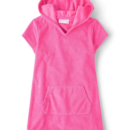 The Children's Place Girls' Hooded Swim Coverups, Neon Peony Terry, Small