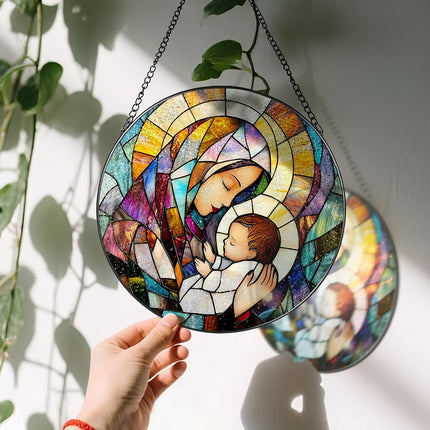 Baby Jesus and The Holy Mother Mary Sun Catcher, 8 Inch Stained Glass Window Hanging, Stained Glass Decor, Christian Home Decor, Christian Gifts for Women, Religious Gifts for Women