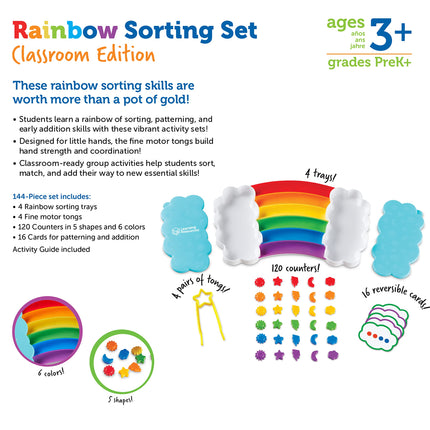Learning Resources Rainbow Sorting Set Classroom Edition Set of 4 Fine Motor Skills, Sorting, Patterning, Addition Skills, Learning and Education Toys, Sensory Tray, 144-Piece, Ages 3+