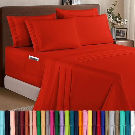 Elegant Comfort 1500 Premium Quality 6-Piece Bed Sheet Set - 18-24 Inch Extra Deep Pocket, Smart Storage Pockets, Wrinkle Free Ultra Soft 6PC Extra Deep Pocket Sheets, Queen, Red